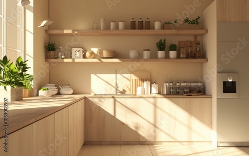 Obraz na płótnie Minimalist beige kitchen with modern wood cabinets and shelves, integrated appliances in natural light. 3D Illustration w salonie
