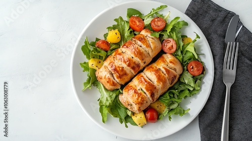 Two sausage rolls served on a bed of salad and cherry tomatoes on a white plate.