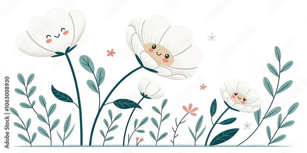 Fototapeta premium minimalist cute cartoon white flowers background