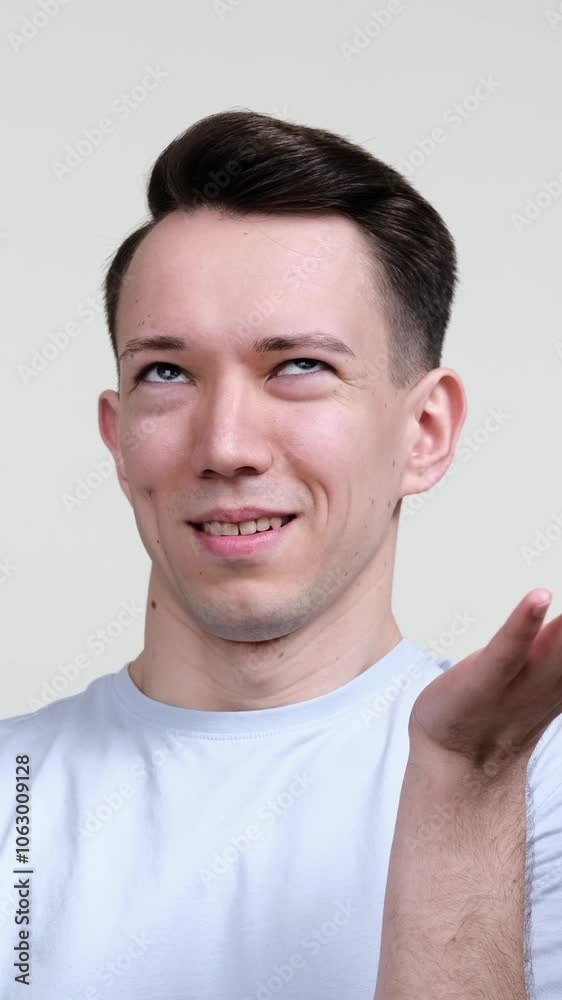 Annoyed and displeased Caucasian young adult man showing facepalm gesture on white background. Concept of a disappointment, frustration. Vertical video. Annoyed and displeased Caucasian young adult man showing facepalm gesture on white background. Concept of a disappointment, frustration. Vertical video.