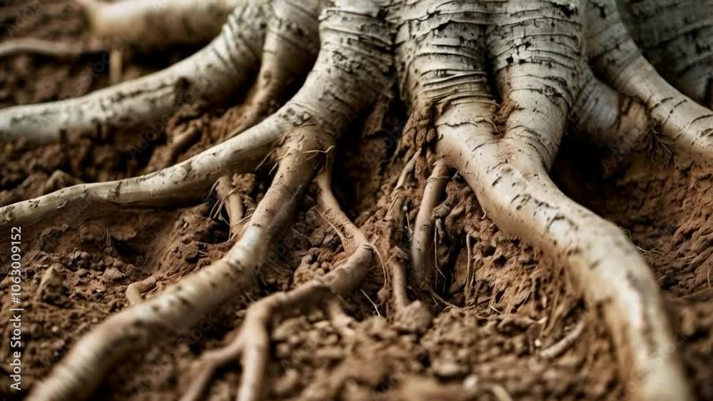 Close-up of tree roots intertwined with soil, showcasing natural textures and earthy colors. Close-up of tree roots intertwined with soil, showcasing natural textures and earthy colors.