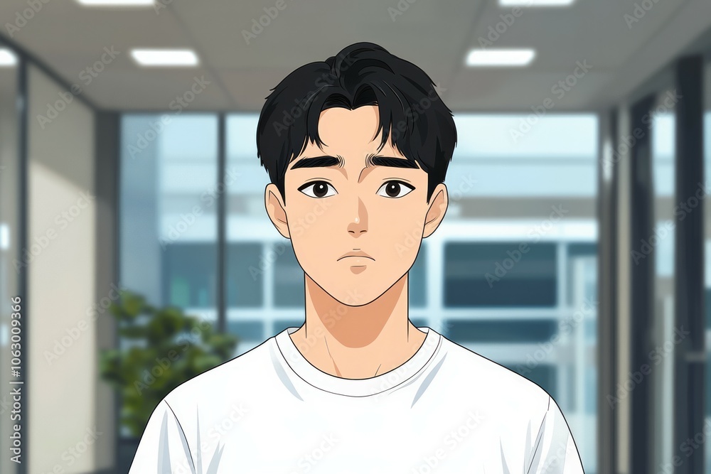 An Asian guy’s face and an avatar of a young businessman illustration. A happy student. 