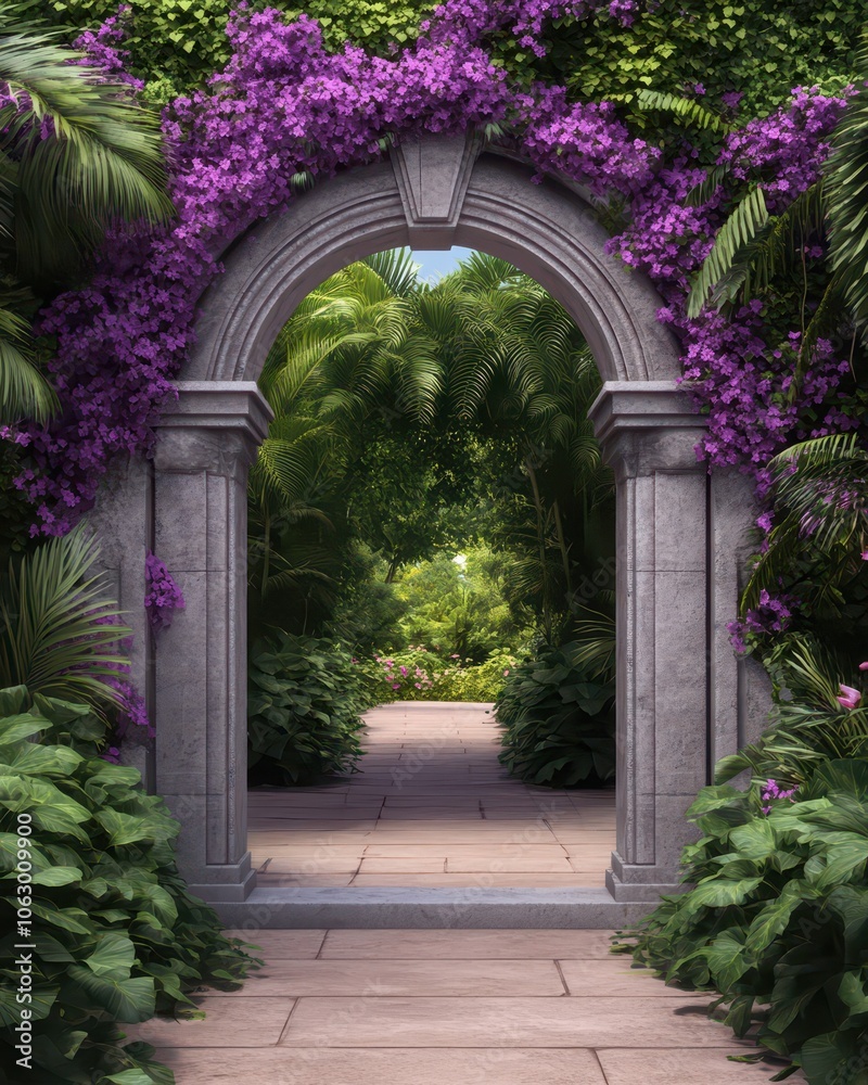 Obraz premium Enchanting archway adorned with vibrant flowering vines, creating a stunning natural entrance.