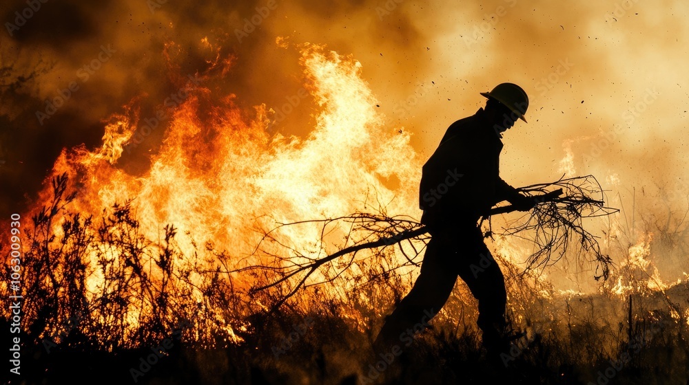 Obraz premium Farm worker engages in fighting fire using dry branches during a wildfire, highlighting the risks associated with the dangerous dry summer season. Photo includes ample copy space.