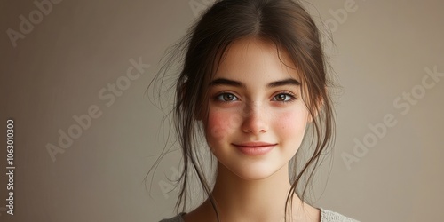 A young woman with a gentle smile and a bashful demeanor is expressing a sense of shyness and warmth through her cheerful yet modest facial expression.