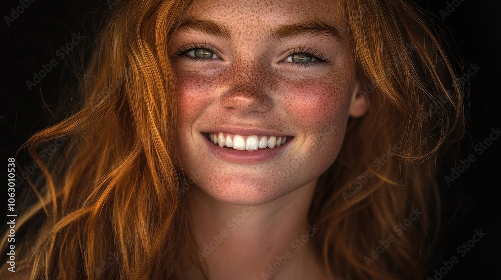 Portrait of a young woman with freckles, smiling radiantly, capturing a moment filled with joy. The image highlights her natural beauty and youthful spirit, with ample copy space. Portrait of a young woman with freckles, smiling radiantly, capturing a moment filled with joy. The image highlights her natural beauty and youthful spirit, with ample copy space.