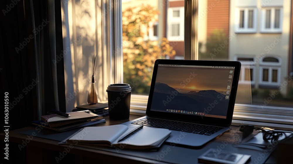 Desk with laptop, notepad, and coffee, a quiet morning moment before work. Desk with laptop, notepad, and coffee, a quiet morning moment before work.