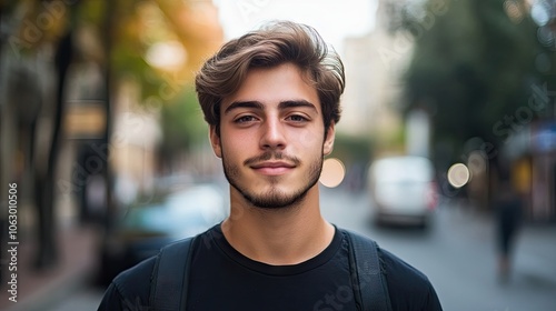 Attractive young man stands on a street with an engaging expression, surrounded by urban scenery, perfect for capturing the essence of city life in a dynamic photo style.