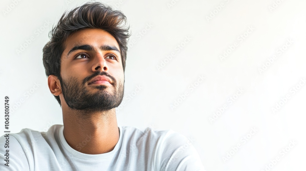 Young and confident Indian man with a defocused background, isolated against a white backdrop, creating a striking visual for portraits or lifestyle imagery with ample copy space. Young and confident Indian man with a defocused background, isolated against a white backdrop, creating a striking visual for portraits or lifestyle imagery with ample copy space.