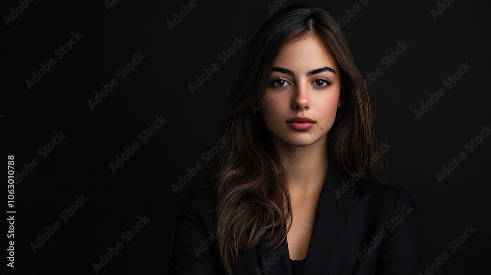 Brunette young woman with a confident expression in modern business attire against a black background. Portrait featuring a stylish look and photo style copy space. Brunette young woman with a confident expression in modern business attire against a black background. Portrait featuring a stylish look and photo style copy space.