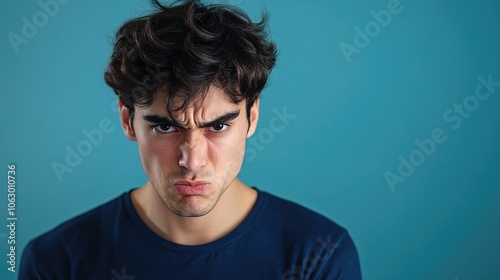 Portrait of a young man displaying an angry expression, capturing his emotional stress in a stunning photo with ample copy space against a blue background.