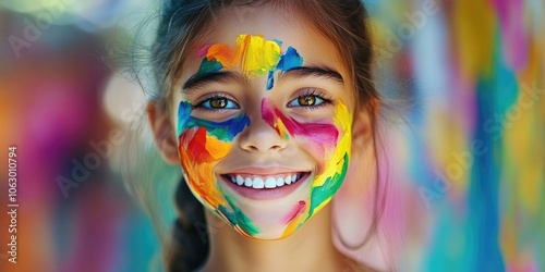 A joyful young girl sporting vibrant and colorful face paint is captured in this portrait, radiating happiness and cheerfulness through her artistic design.