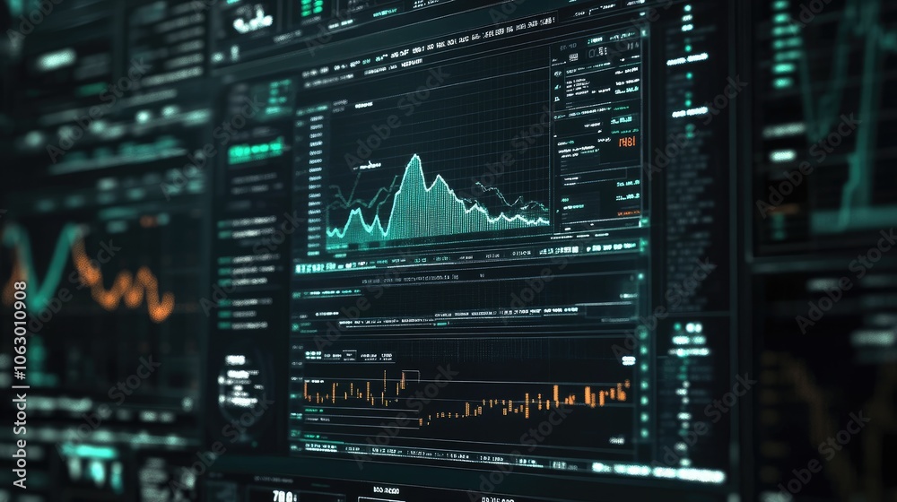 Digital screen with financial chart and graphs, symbolizing investments and stocks. Digital screen with financial chart and graphs, symbolizing investments and stocks.