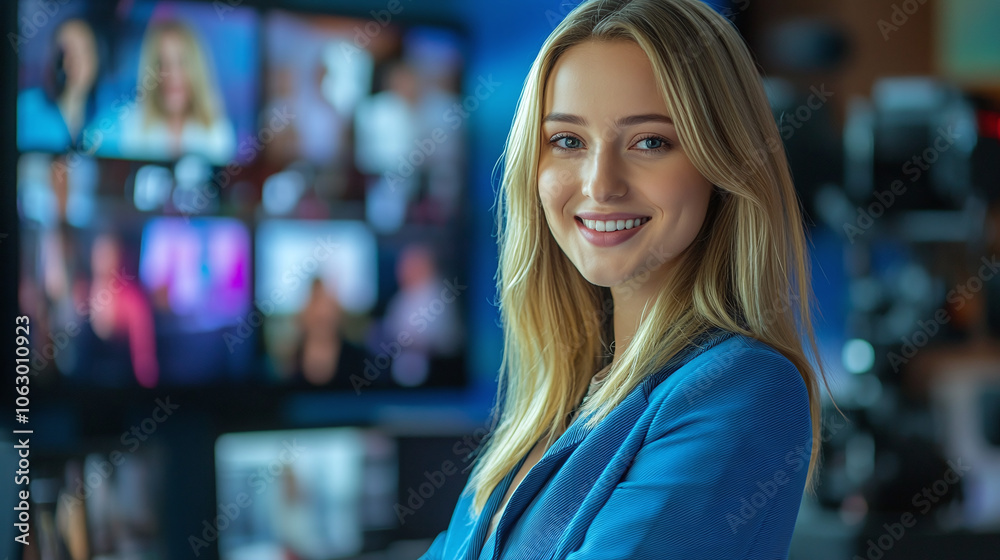 Smiling beautiful young woman news anchor in blue jacket at TV studio Smiling beautiful young woman news anchor in blue jacket at TV studio