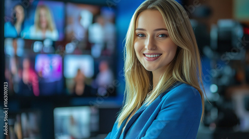 Smiling beautiful young woman news anchor in blue jacket at TV studio