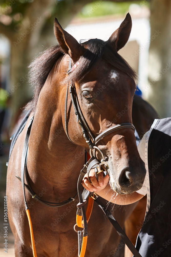 Obraz premium Race horse head detail. Purebred in the hippodrome. Turf