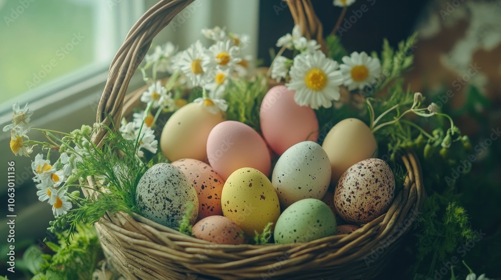 Easter eggs arranged in a basket with flowers and greenery, symbolizing renewal. Easter eggs arranged in a basket with flowers and greenery, symbolizing renewal.