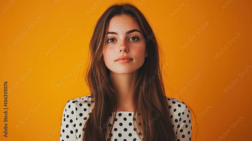 A woman in a polka dot shirt has long hair and presents an engaging look, with a focus on her polka dot shirt style, allowing for versatile photo space. A woman in a polka dot shirt has long hair and presents an engaging look, with a focus on her polka dot shirt style, allowing for versatile photo space.