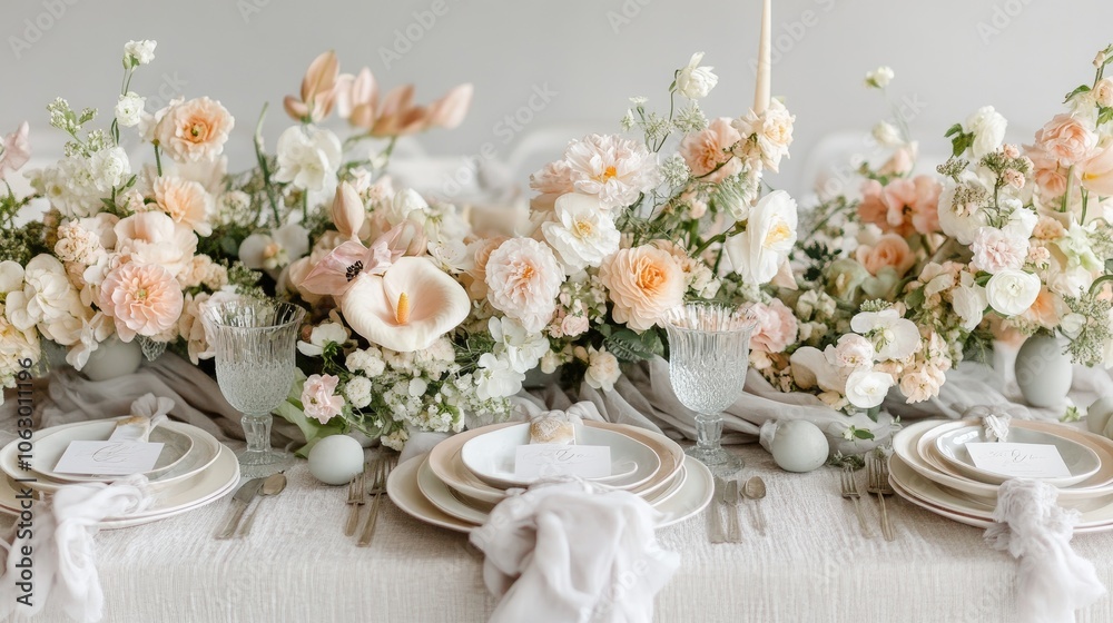 Elegant Easter table setting with pastel decorations, fresh flowers, and a cozy vibe. Elegant Easter table setting with pastel decorations, fresh flowers, and a cozy vibe.