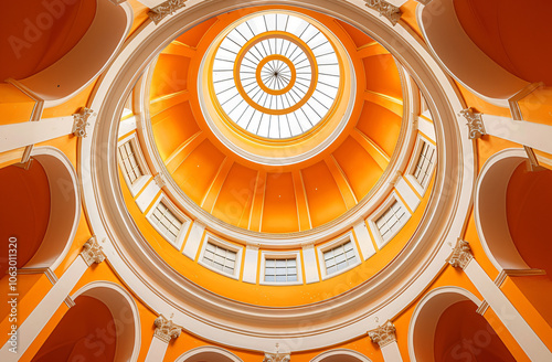 interior photo of the dome ceiling in orange color with circular skylight, architectural photography, high resolution, highly detailed photo