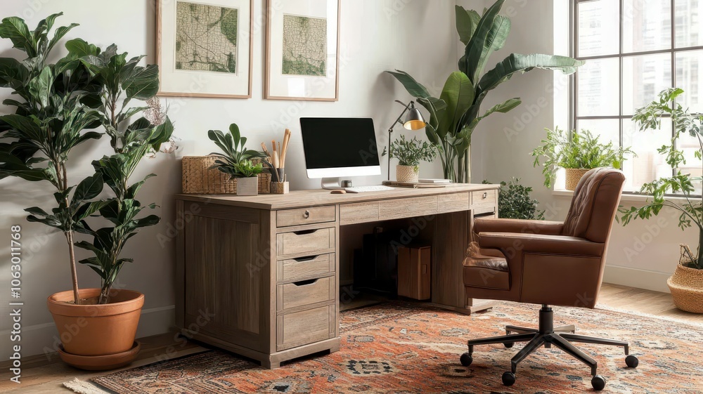 Fototapeta premium Charming rustic office adorned with patterned rugs and unique decor for a cozy, creative workspace.