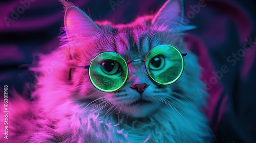 A fluffy cat wearing green round glasses is posing in a vibrant neon lighting environment for a creative fashion advertisement.