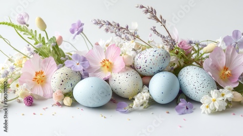 Fresh spring bouquet with pastel eggs, perfect for Easter-themed decorations.