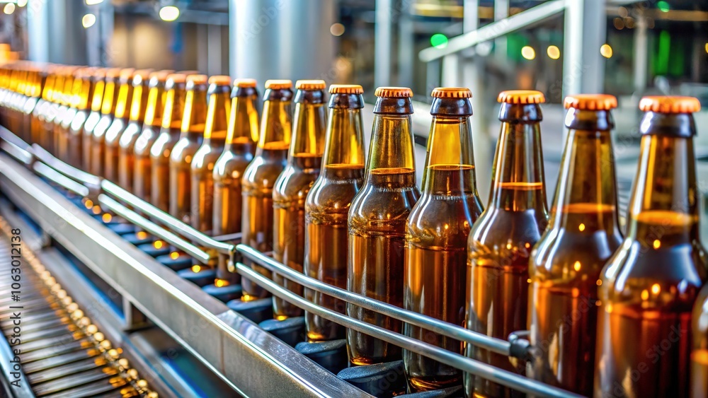 Macro view of glass bottles traveling on a brewery assembly line. Macro view of glass bottles traveling on a brewery assembly line.