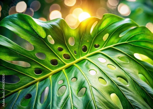 Close-Up of a Monstera Leaf with Bokeh Effect, Showcasing the Intricate Patterns and Textures of Nature's Greenery, Perfect for Interior Design and Plant Enthusiasts photo