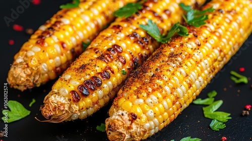 Grilled corn on the cob garnished with herbs, vibrant and mouthwatering.