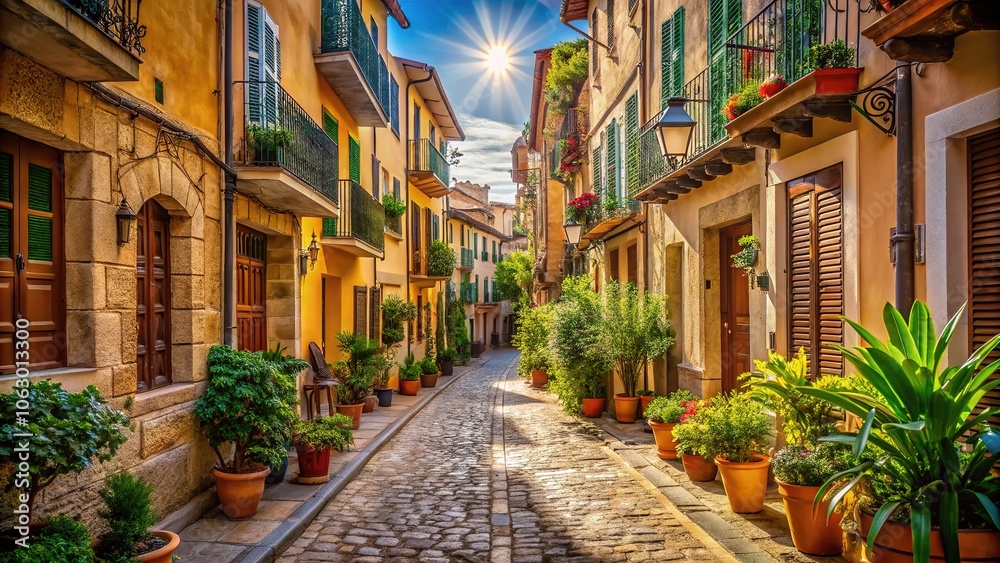 Fototapeta premium Mallorca's hidden alleys revealed in crisp, high-depth-of-field photography.