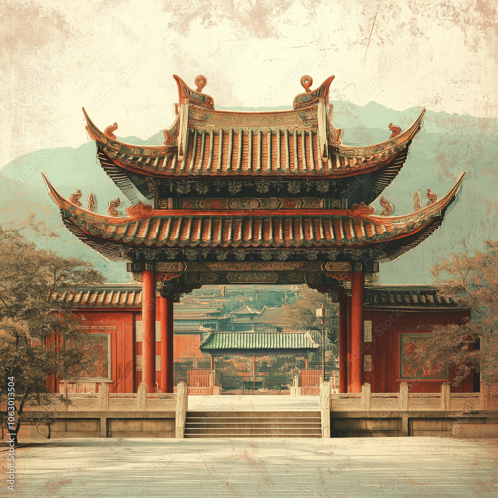 Obraz premium Traditional Chinese temple with intricate architecture set against a mountainous backdrop