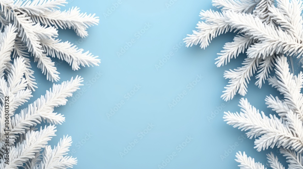 White evergreen branches frame a light blue background for a winter theme. White evergreen branches frame a light blue background for a winter theme.