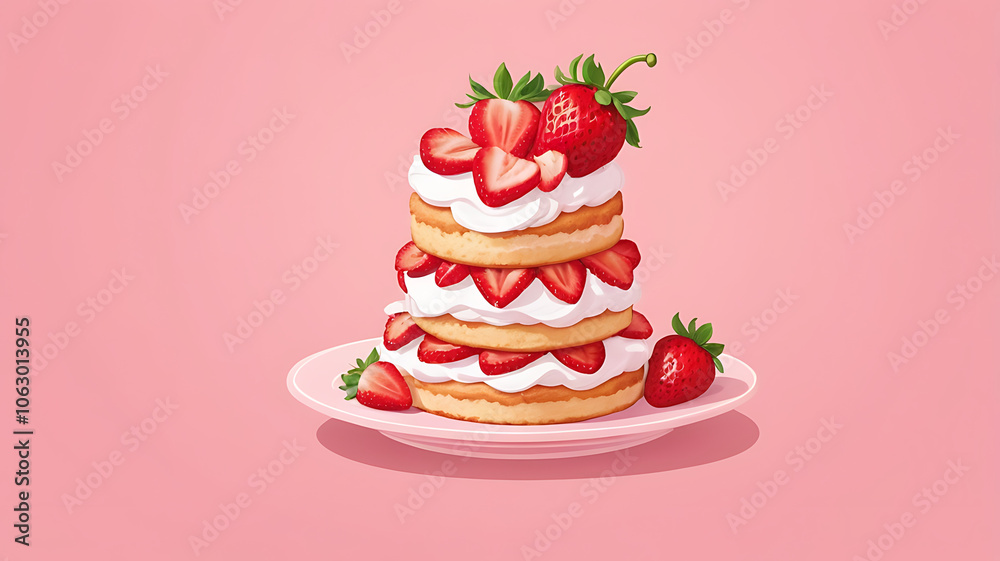Strawberry shortcake on a pastel pink background. Strawberry shortcake on a pastel pink background.