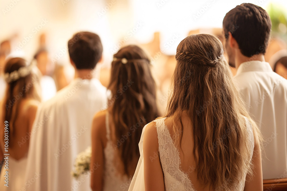 Obraz premium Group of young people in white attire attending a ceremony viewed from behind in a bright setting capturing a solemn peaceful moment 