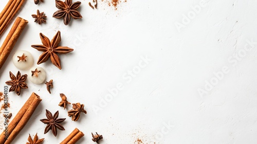 Fototapeta Naklejka Na Ścianę i Meble -  Cinnamon Sticks Star Anise White Background Copy Space