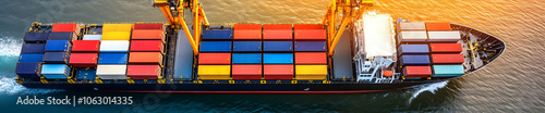 Aerial view of a cargo ship loaded with colorful shipping containers on water. AI Image