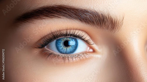 Close-up of the mesmerizing blue eyes of an adult woman, highlighting the beauty of her blue eyes with captivating detail and ample copy space for creative use.