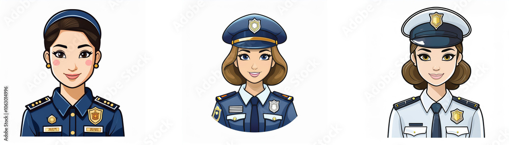 Three female police officers with different hairstyles and uniforms. Three female police officers with different hairstyles and uniforms.
