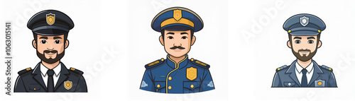 Three cartoon men in different colored police uniforms.