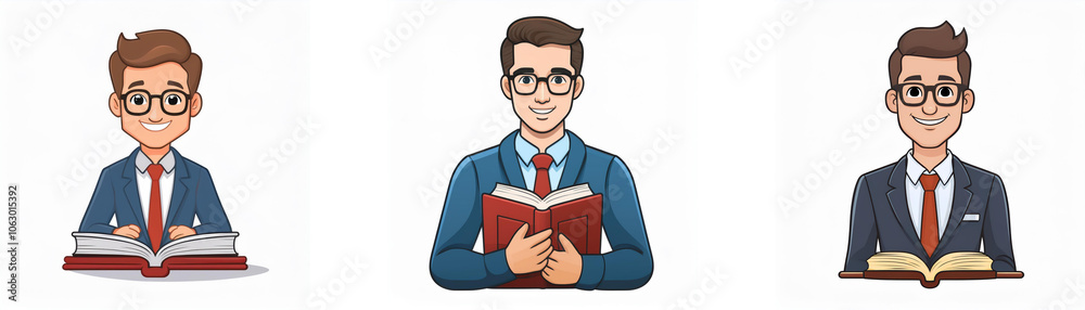 Three cartoon men wearing suits and glasses are reading books. Three cartoon men wearing suits and glasses are reading books.