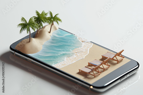 Tropical island vacation on a smartphone screen. 3D composition, summer travel and tourism concept. Online tickets and hotel booking, simple traveling, miniature chairs and palm trees on the beach
