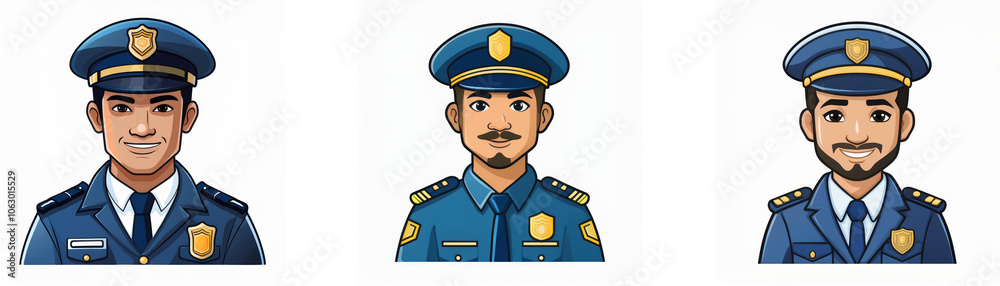 Three cartoon illustrations of police officers in blue uniforms with different facial hair. Three cartoon illustrations of police officers in blue uniforms with different facial hair.