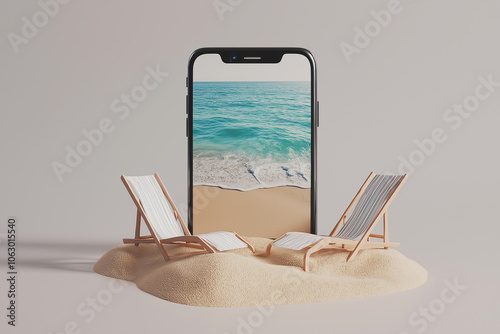 Tropical island vacation on a smartphone screen. 3D composition, summer travel and tourism concept. Online tickets and hotel booking, simple traveling, miniature chairs on the beach