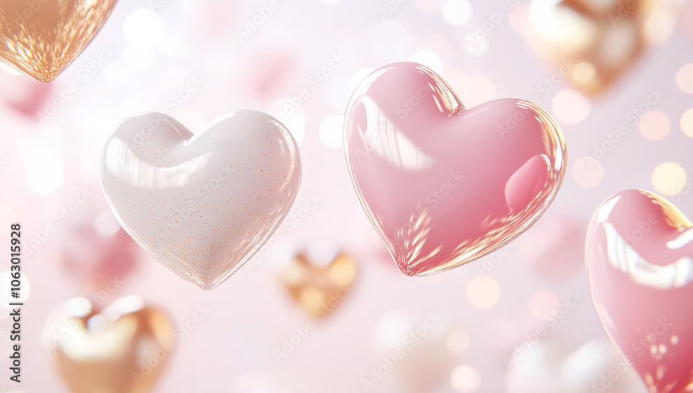 Obraz premium Pink and golden flying hearts background. Love and romantic background. Valentine's day concept, Mother's day, engagement, proposal, wedding, dating, love hearts, celebrations, banner