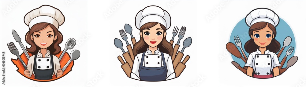 Three cartoon women wearing chef hats and white shirts with different kitchen utensils surrounding them. Three cartoon women wearing chef hats and white shirts with different kitchen utensils surrounding them.