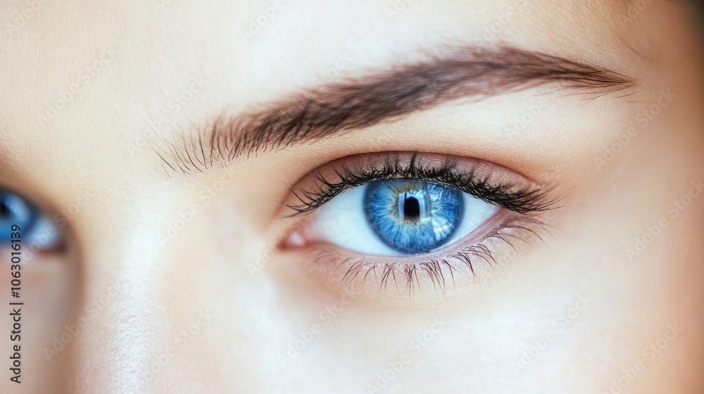 Obraz premium Close-up of the mesmerizing blue eyes of an adult woman, highlighting the beauty of her blue eyes with captivating detail and ample copy space for creative use.