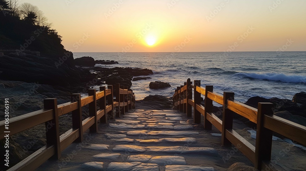 Obraz premium The stone steps leading to the sea in Haeundungang City, Korea at sunset, are surrounded by rocks and waves crashing against them. 