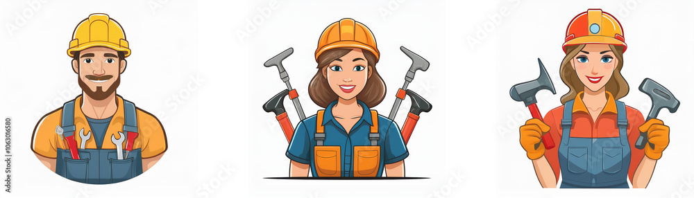 Three construction workers, a man and two women, wear hard hats and overalls, holding tools. Three construction workers, a man and two women, wear hard hats and overalls, holding tools.