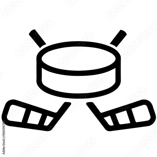 A minimalist black-and-white logo for hockey, using a clean outline of a hockey puck with two simple crossed hockey sticks